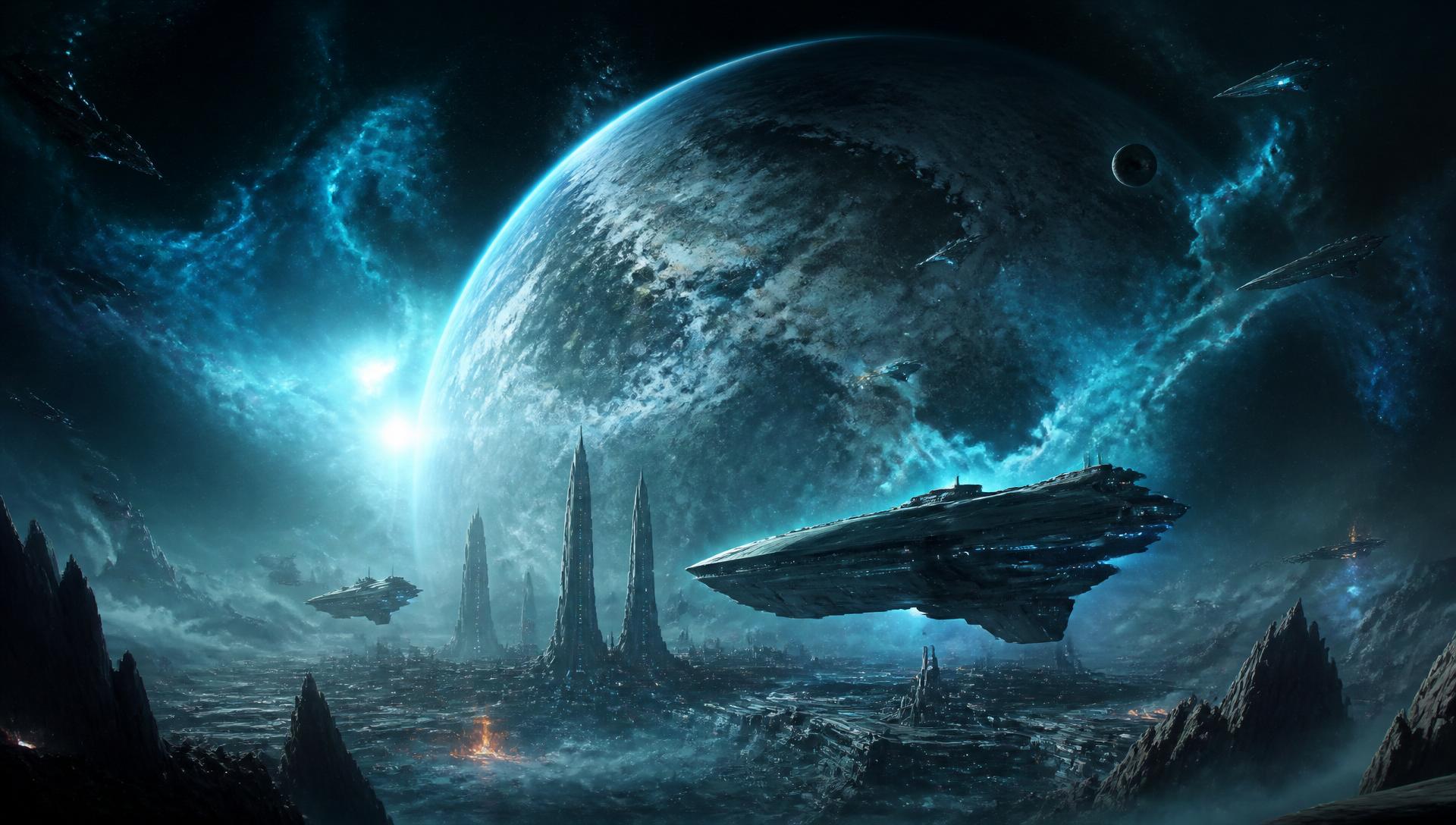 A vast alien planet and cinematic capital starship over a glowing nebula